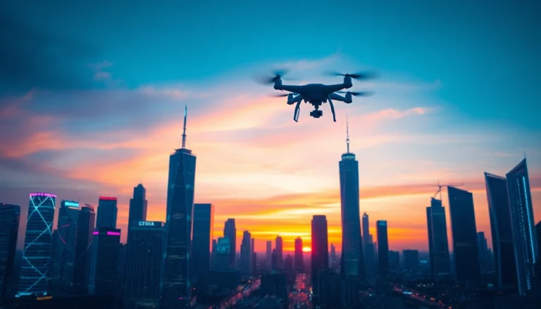 Showcasing technology in a vibrant city skyline at dusk, illuminated by colorful LED lights and buzzing drones.