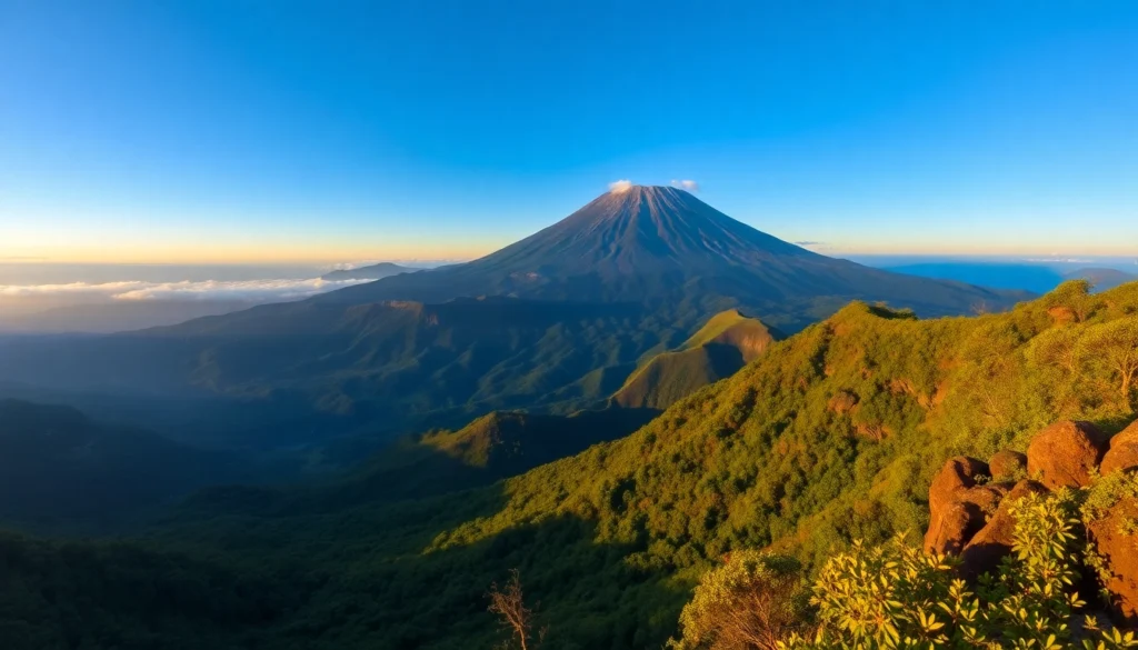 Majestic Mount Rinjani standing tall with lush forests and volcanic terrain, inviting hikers and adventure seekers to explore the Indonesia's second-highest volcano.