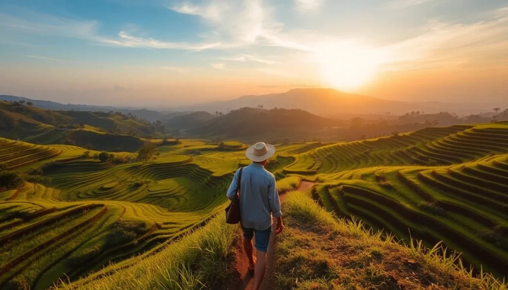 Generic guide leading tourists through Lombok's beautiful rice terraces, showcasing natural scenery and cultural charm.