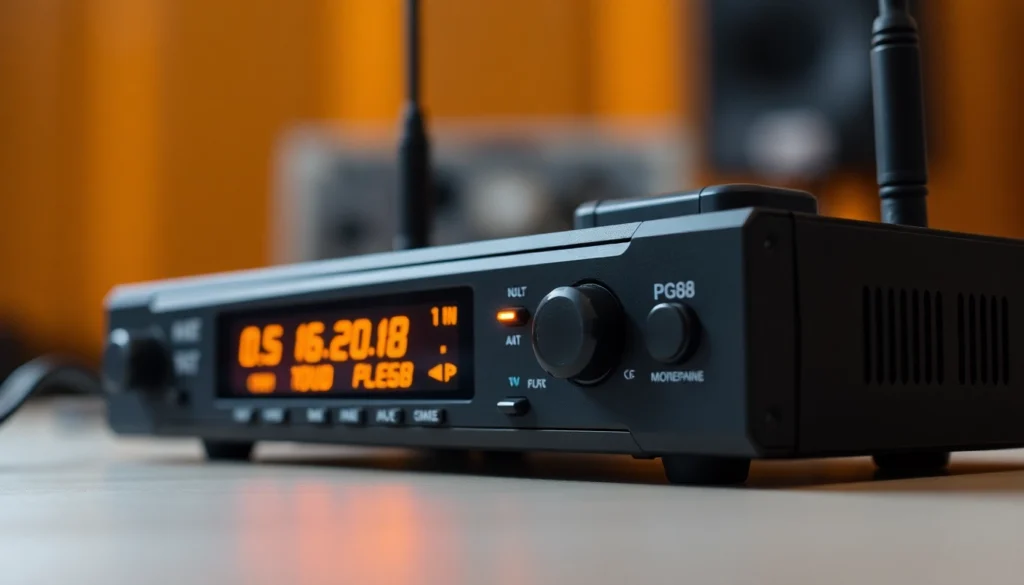 Graceful shot of a PG88 wireless microphone receiver demonstrating its controls and LED indicators, emphasizing clarity and technical sophistication for audio professionals.
