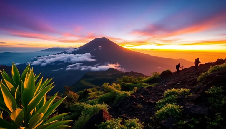 Hikers ascending Mount Rinjani at sunrise with lush greenery and volcanic landscape