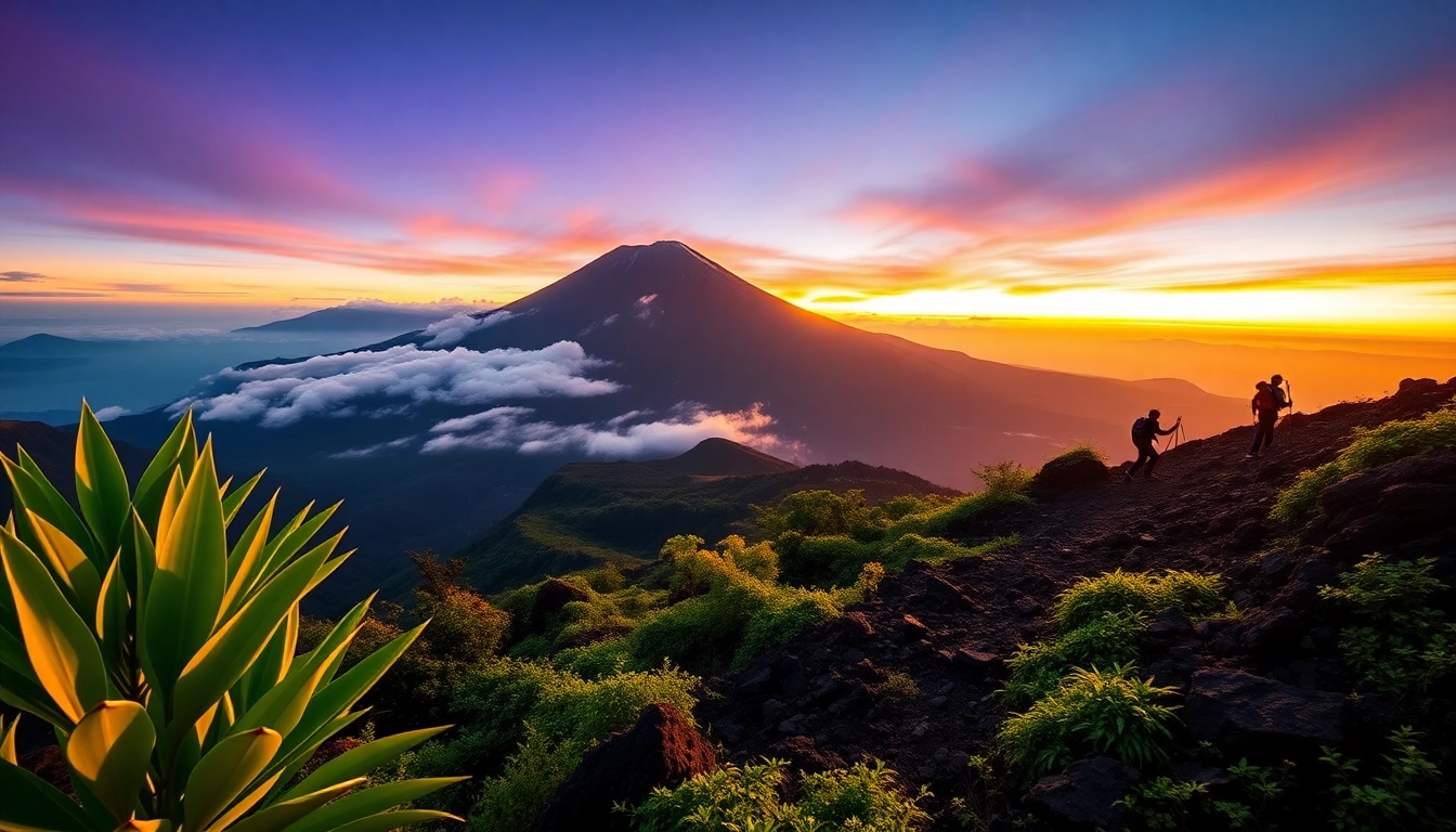 Hikers ascending Mount Rinjani at sunrise with lush greenery and volcanic landscape