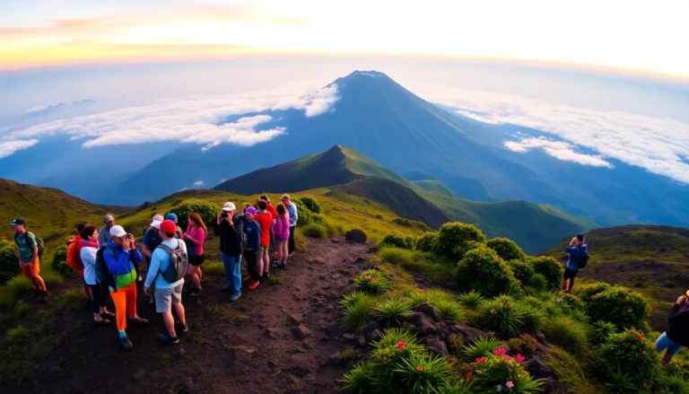 Hikers viewing Mount Rinjani at sunrise with colorful sky and lush landscape