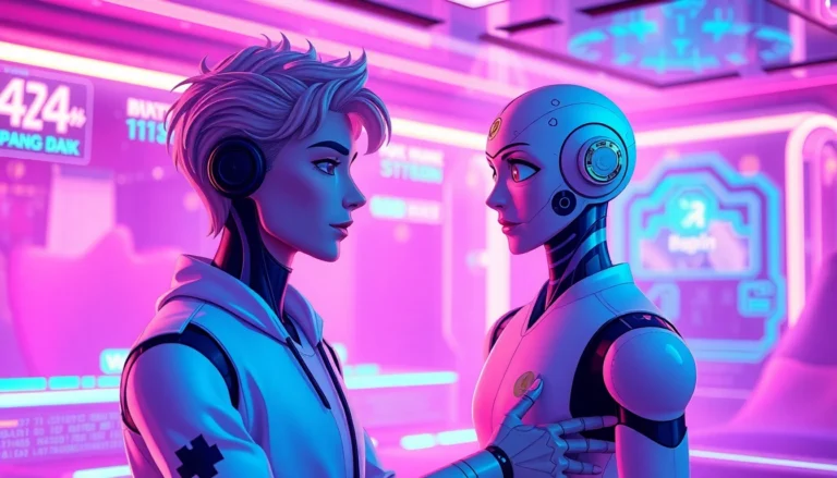 Futuristic AI characters engaging in spicy roleplay in a neon-lit virtual environment.