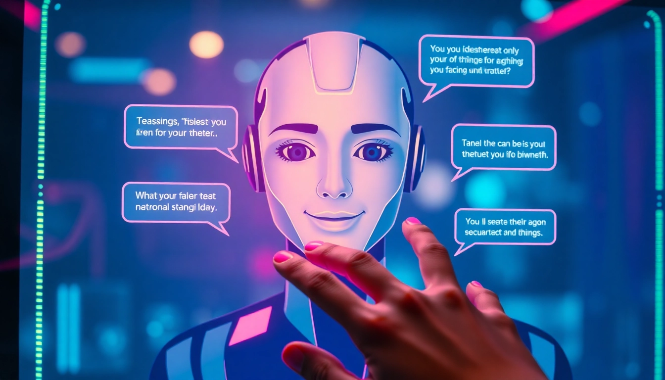 Futuristic AI chatbot interface with neon accents and human interaction