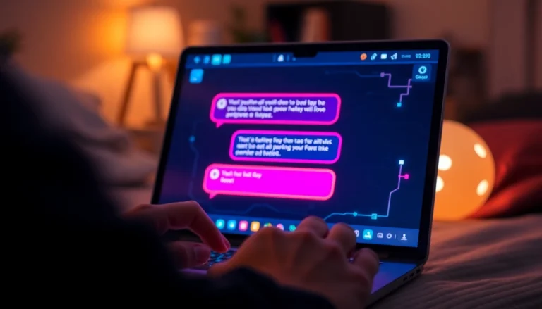 Person using a chatbot on a sleek digital device with a dark, neon-lit interface.