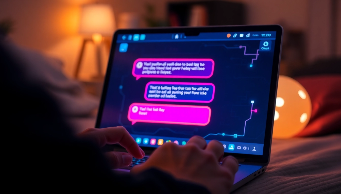 Person using a chatbot on a sleek digital device with a dark, neon-lit interface.