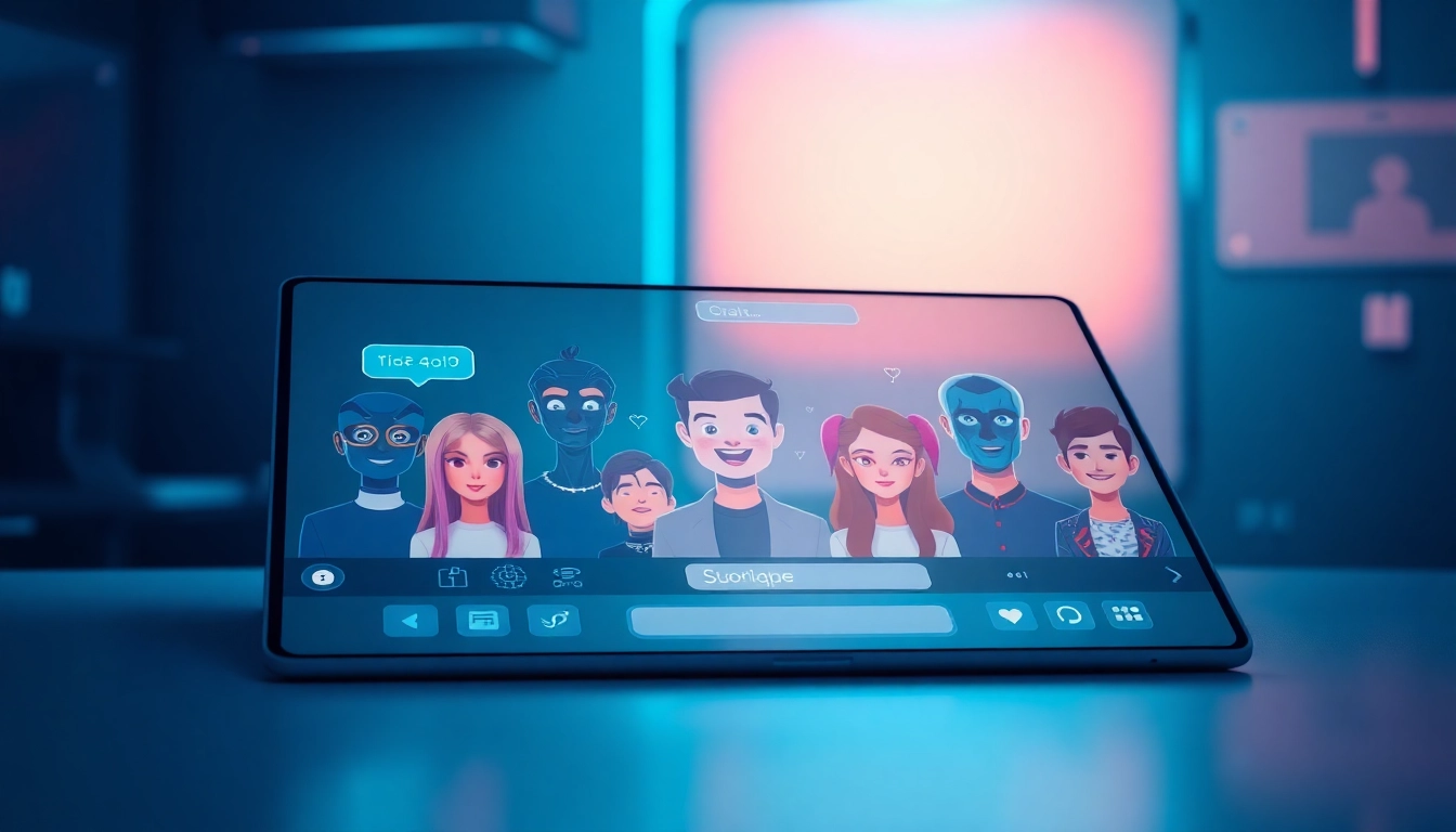 Futuristic AI chatbot interface with customizable characters on a modern screen, glowing chat bubbles, and a high-tech background.