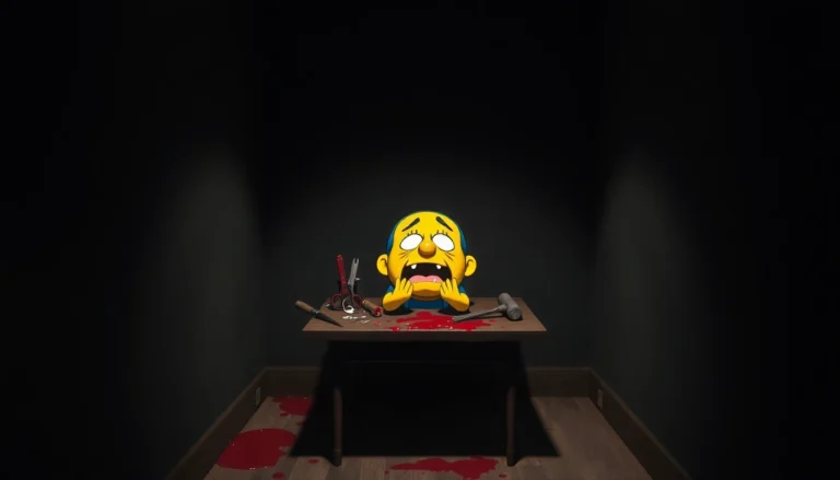 A disturbing scene of Harvey suffering as a cheerful character is being clicked on in a dark, tense setting with violent tools nearby.