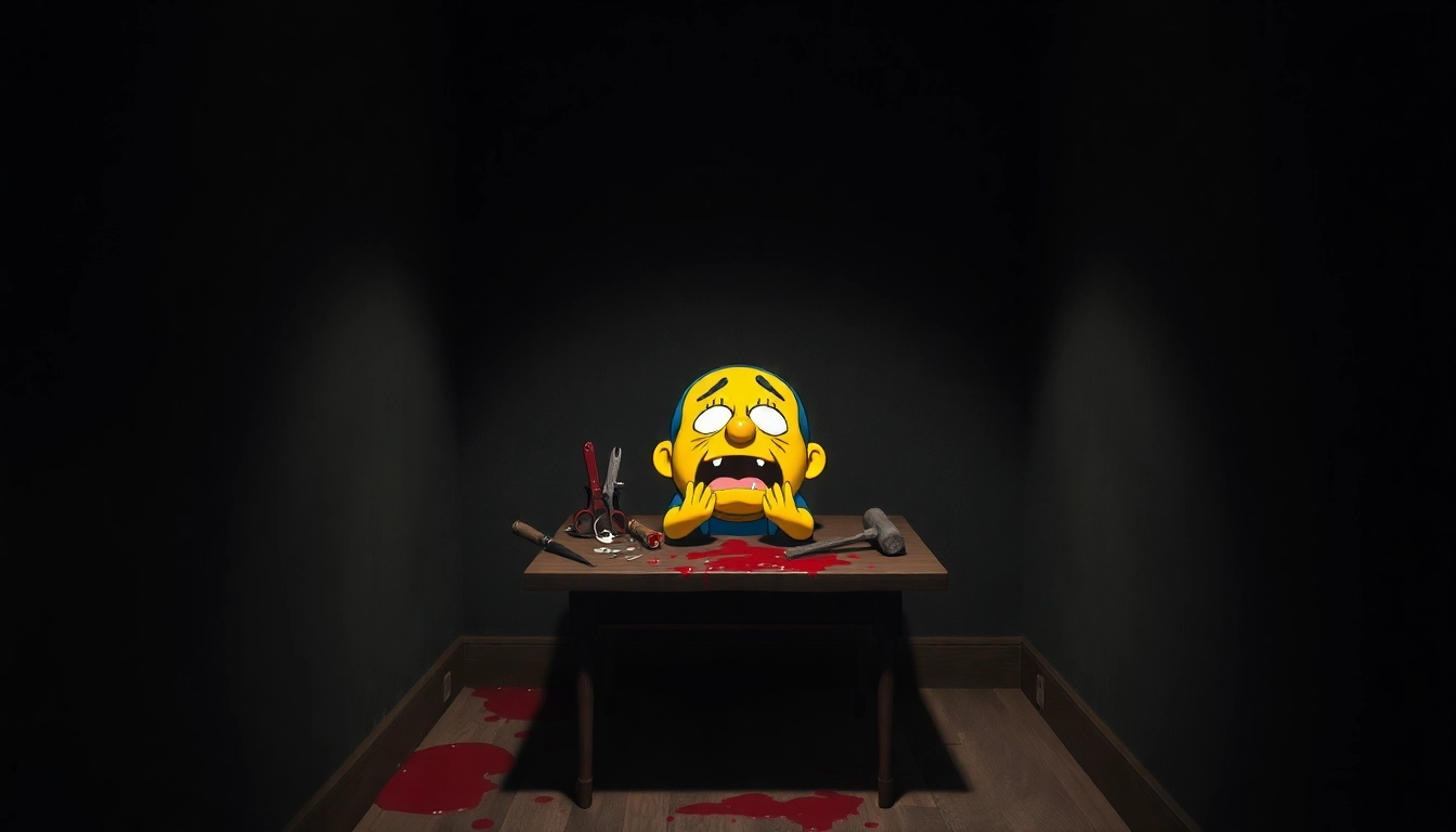 A disturbing scene of Harvey suffering as a cheerful character is being clicked on in a dark, tense setting with violent tools nearby.
