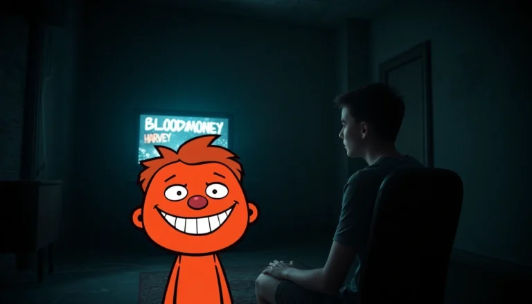 An unsettling scene of a distressed person playing BLOODMONEY, with Harvey appearing cheerful yet increasingly fearful in a dark, grim room.