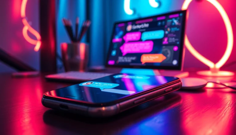 Close-up of a smartphone and computer screen displaying a colorful chat conversation with neon accents.
