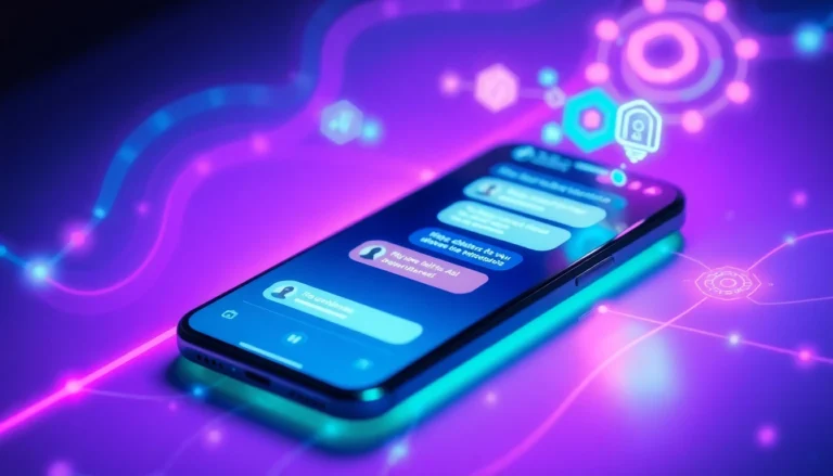 An illustration of a smartphone displaying a chatbot conversation surrounded by colorful data streams and glowing AI icons in a futuristic setting.