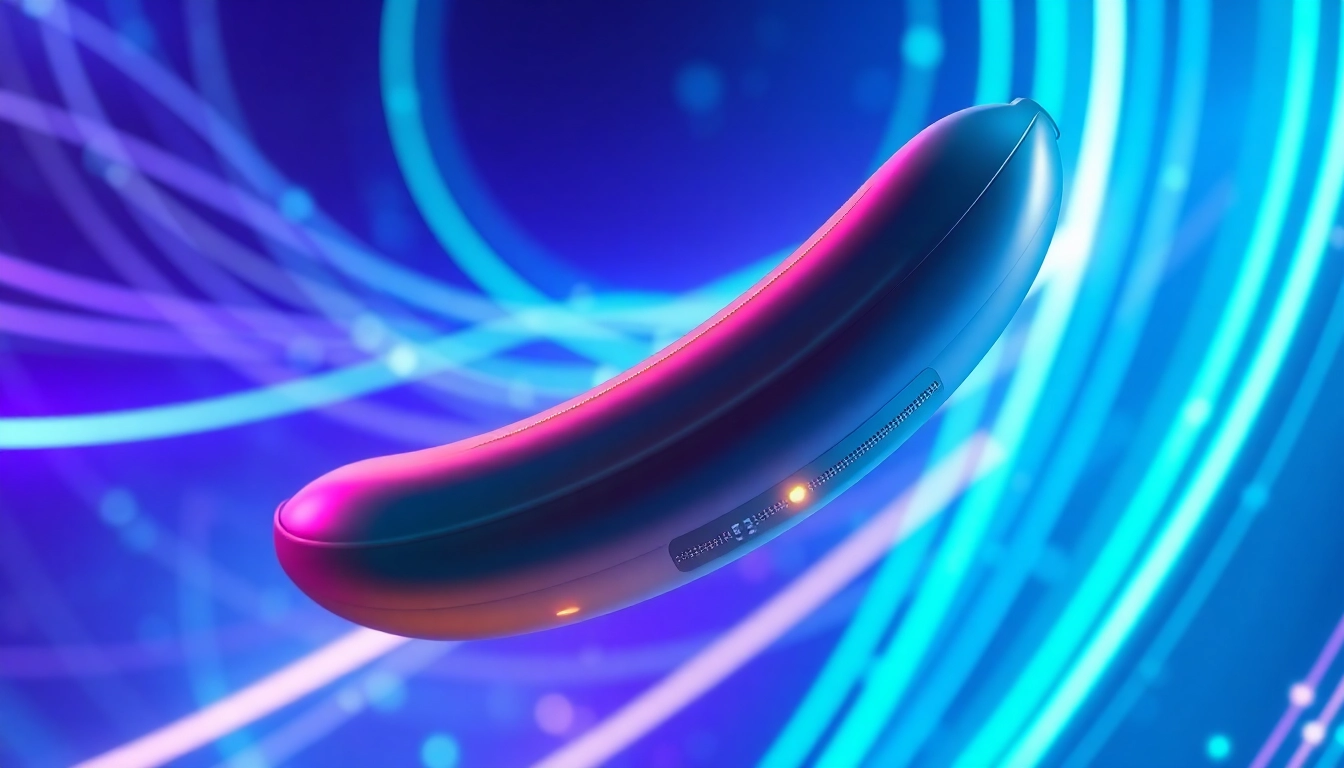 A futuristic digital illustration of a glowing nano banana floating in a vibrant, high-tech environment.
