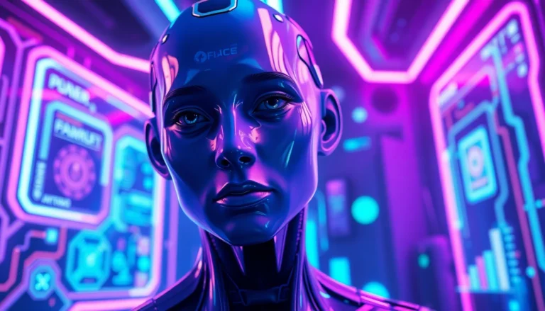 Futuristic AI avatar in a neon-lit virtual environment with holographic interfaces