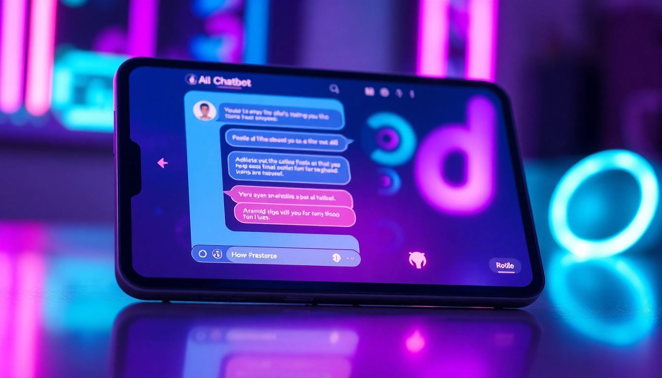 Futuristic AI chatbot interface on a digital device with vibrant neon colors and modern design.