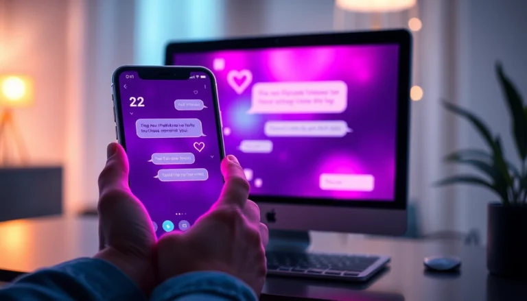 Futuristic digital illustration of a chat interface on a smartphone and computer with glowing holographic elements in purple, pink, and blue tones.