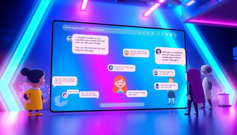 Digital illustration of AI characters chatting on a futuristic interface with vibrant neon lights and holographic elements.