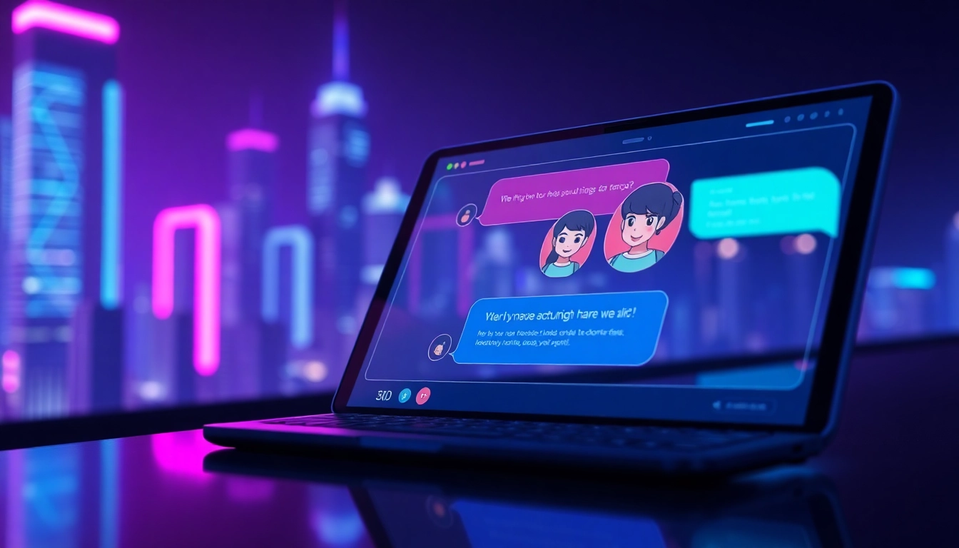 An illustration of a neon-lit cityscape with a futuristic chat interface showing AI characters engaging in conversation, emphasizing high-tech intimacy and digital connection.