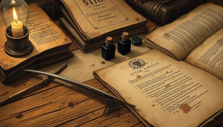 Vintage manuscripts and books with dirt stains illuminated by candlelight, evoking historical study and the origins of the word smut.