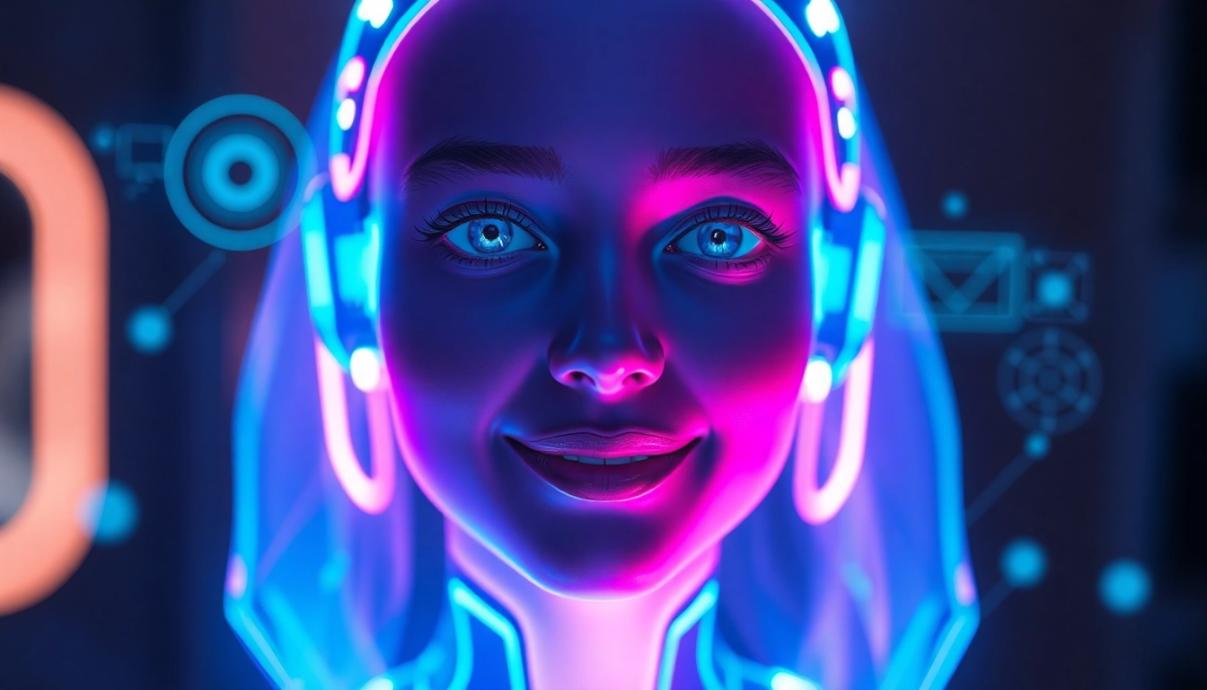AI girlfriend engaging in a realistic conversation via hologram with a warm, detailed facial expression, emphasizing digital intimacy and advanced technology.