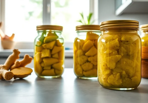 Bright kitchen with fresh ginger paste jars highlighting natural ingredients and quality