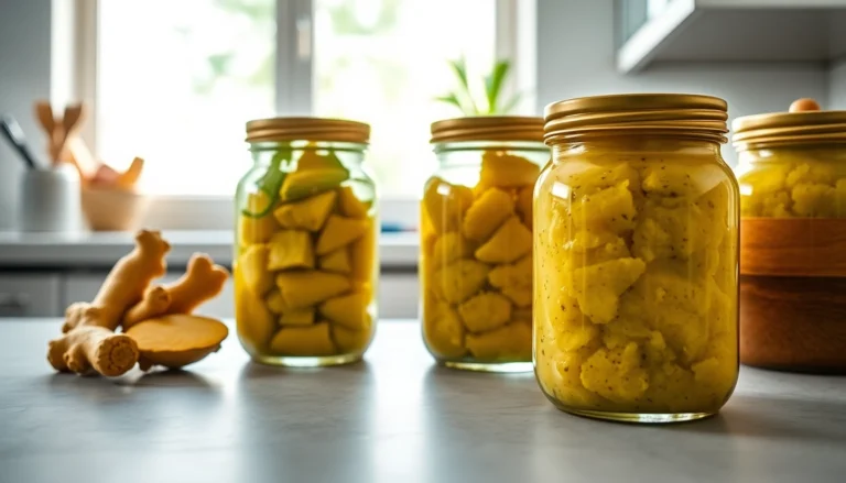 Bright kitchen with fresh ginger paste jars highlighting natural ingredients and quality